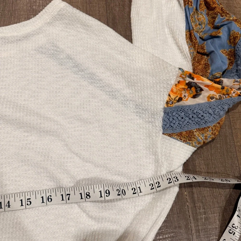 Free People Ivory Waffle Knit Thermal Balloon Sleeve Crochet Lace Top S Y2K Boho